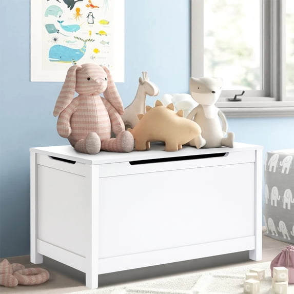 Kids Toy Storage Box, Wooden Toy Storage Chest with Safety Hinged Cover & Seating Bench, Large Storage Space Toy Organizer Chest, Suitable for Bedroom, Living Room, Playroom, Study Room, White, D1038