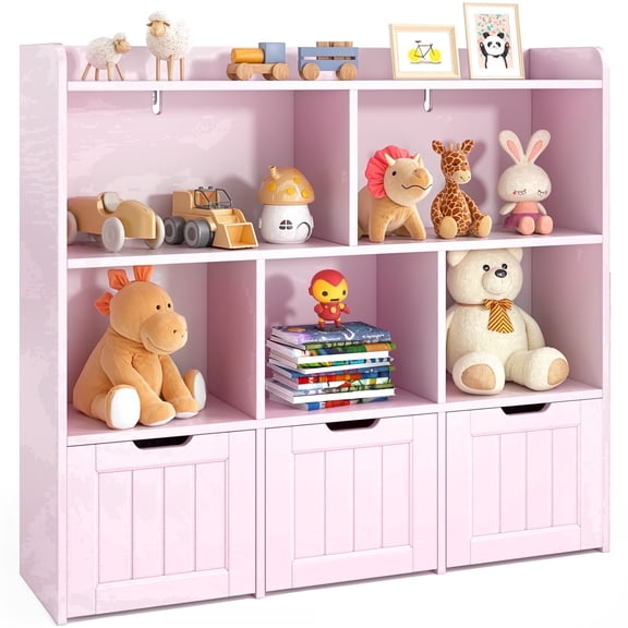Kids Toy Storage Cabinet with 3 Movable Drawers and 6 Open Shelves, Noelse Kids Bookcase with Storage for Playroom Nursery Kids Room Organization, Pink