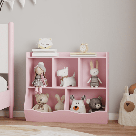 Kids Toy Storage Cabinet with 3 Open Shelves and 2 Tilt Bins for Books and Toys, Anti-Tip Design, Durable Wood Cabinet for Playroom Bedroom
