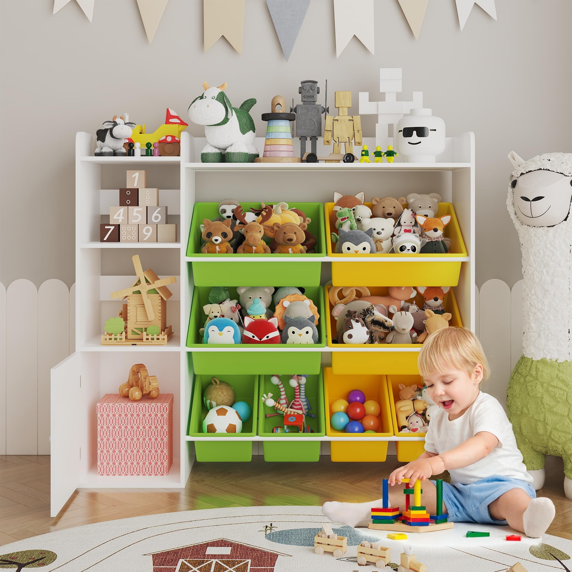 Kids Toy Storage Organize 8 Removable Bins Kid Bookshelf and Toy Storage Large Toy Box with Bookshelf for Bedroom, Kids Room, Classroom, Nursery