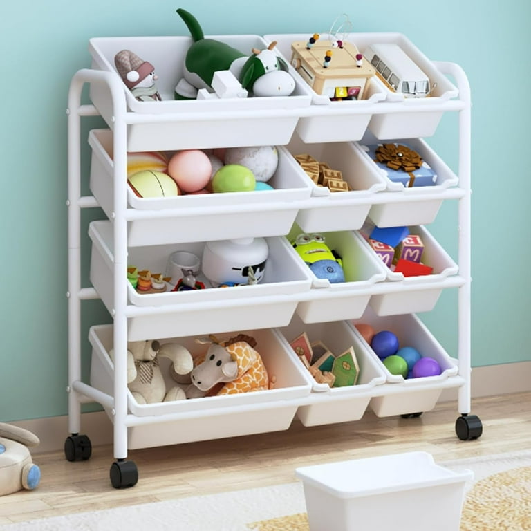 Kids Toy Storage Organizer with 12 Plastic Bins 4 Tier Metal Toy Storage Rack Metal Toy Organizer with Storage Bins for Kids Room Playroom and Nursery White Walmart