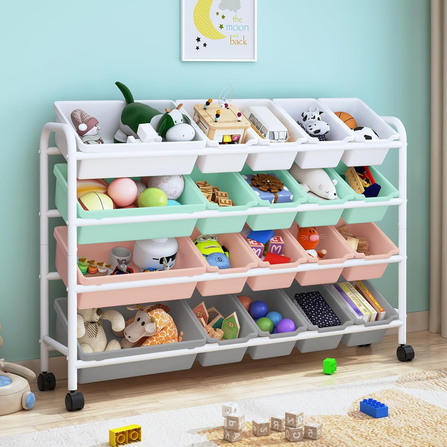 Kids Toy Storage Organizer with 20 Plastic Bins, 4-Tier Metal Toy ...