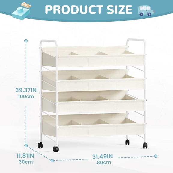 Kids Toy Storage Organizer with 4 Shelves and Wheels, White Supersized Toy Shelf for Toddlers Ideal for Kids Rooms Nurseries Toddler Furniture for Boys and Girls Ages