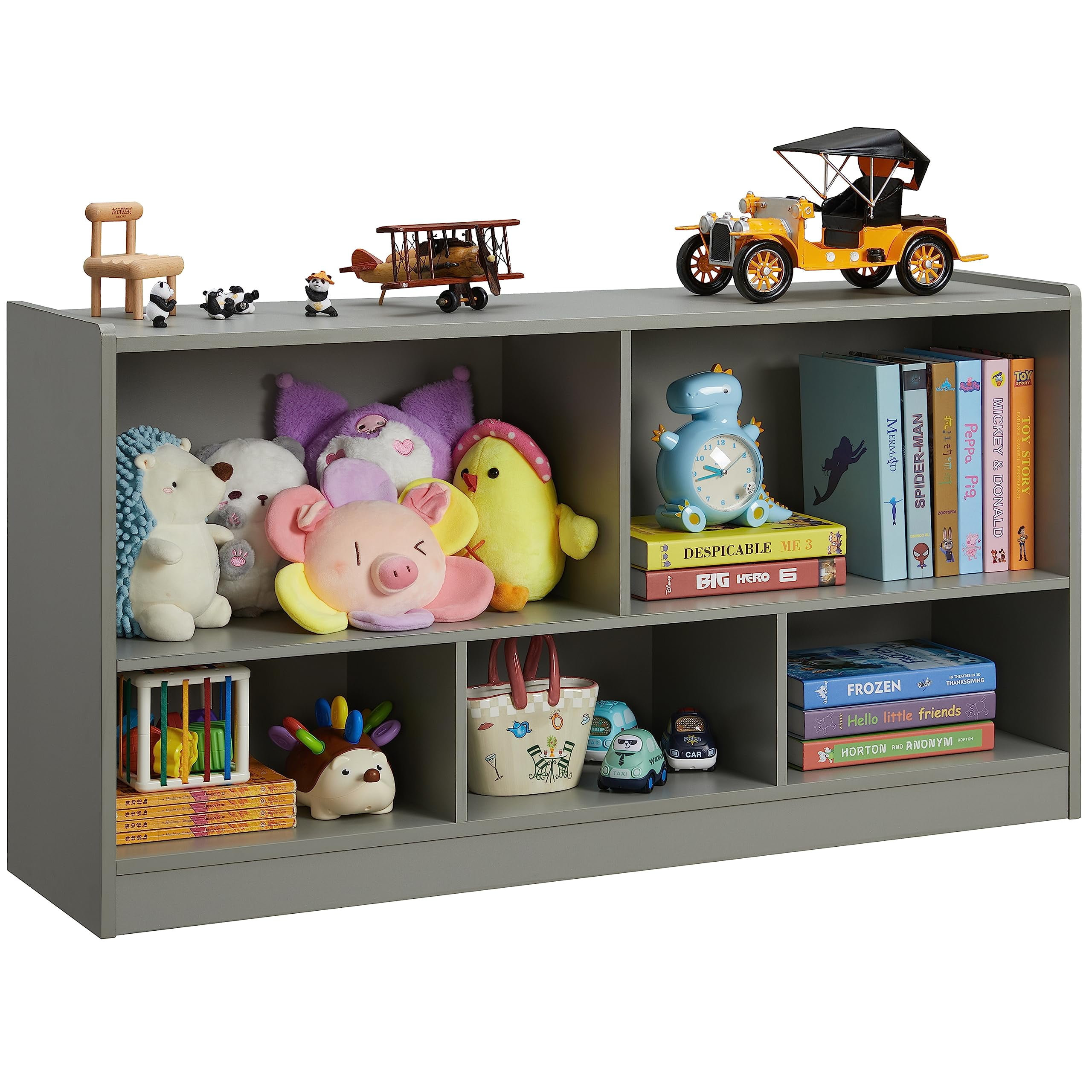 Kids Toy Storage Organizer, 5-Section Storage Cabinet for Organizing Books Toys, Wooden Bookshelf Daycare Furniture for School, Classroom Playroom, Nursery, Kindergarten (Gray)