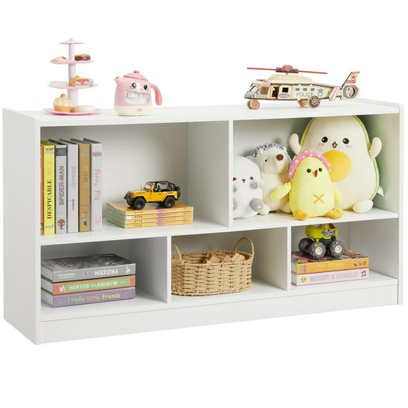 Kids Toy Storage Organizer, 5-Section Storage Cabinet for Organizing Books Toys, Wooden Bookshelf Daycare Furniture for School, Classroom Playroom, Nursery, Kindergarten (Gray)