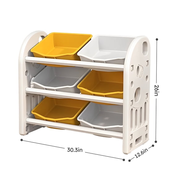 **Kids Toy Storage Organizer with 6 Bins, Multi-functional Nursery Furniture Set, HDPE Shelf Cabinet for Playroom, Bedroom, Living Room (Yellow White)**