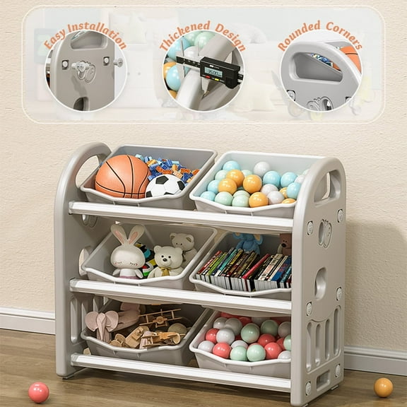 Kids Toy Storage Organizer with 6 Bins, Multi-functional Nursery Organizer Kids Furniture Set Toy Storage Cabinet Unit with HDPE Shelf and Bins for Playroom, Bedroom, Living Room (Grey White Color)