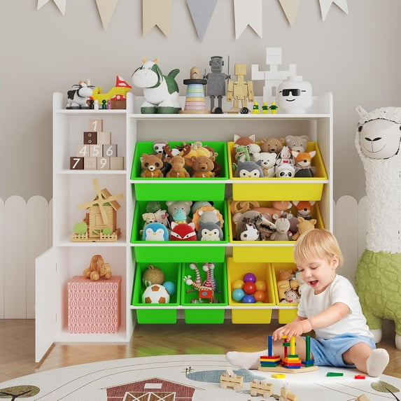 Kids Toy Storage Organizer with 8 Removable Toy Bins, Bookshelf & 2 Storage Cubbies,Playroom, Bedroom & Classroom Organization, White Theme + Yellow Frame + Green Frame