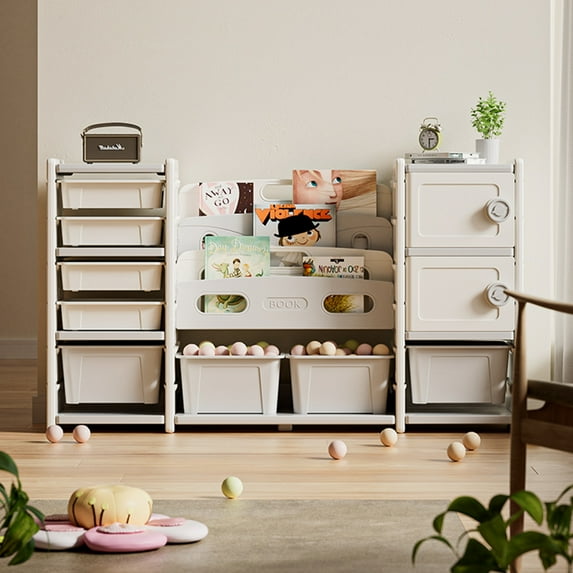 Kids Toy Storage Organizer 8 storage cabinet Removable Toy Bins, 4-Tier Book organizers Storage and 2 cabinet storage