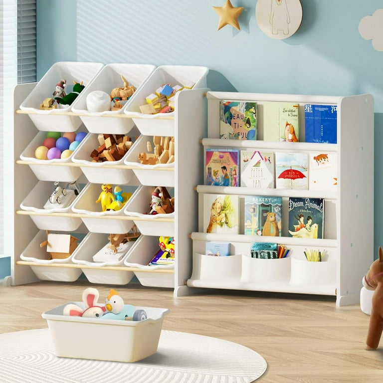 Kids Toy Storage Organizer Toy Organizer with Kids Bookshelf Toy Storage with 12 White Toy Bins and 4 Book Shelves Toy Organizers and Storage for Playroom Nursery Kids Room White Walmart