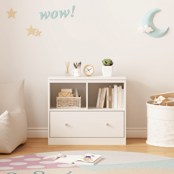 Kids Toy Storage Organizer Bookshelf Cabinet Wooden White with Large Drawer Low for Nursery Playroom