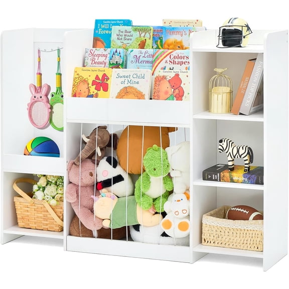 Kids Toy Storage Organizer with Bookshelf, Toy Shelf with 4 Open Cubbies, Clothing/Racket Hanging Hook Area & Stuffed Animal Cage, Large Wooden Organizer Storage Chest for Playroom Bedroom Nursery