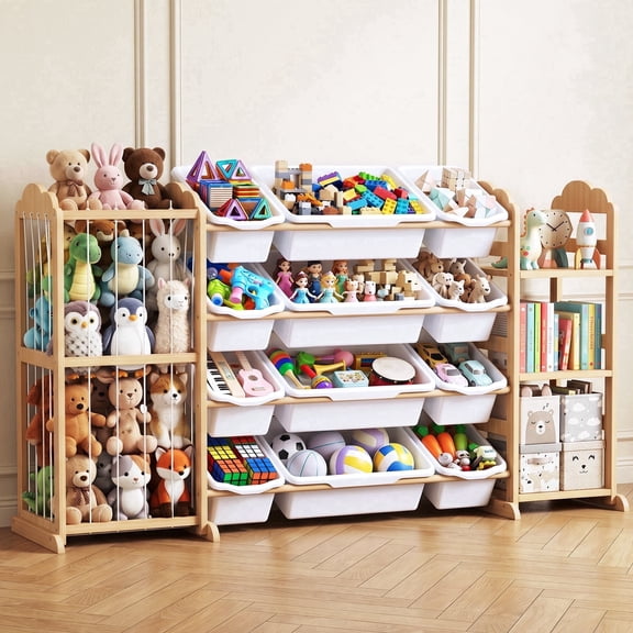 Yecaye Toy Storage Organizer Bookshelf, Stuffed Animal Storage with 12 Bins, White, 57.5 in L x 31.5 in W x 13 in H