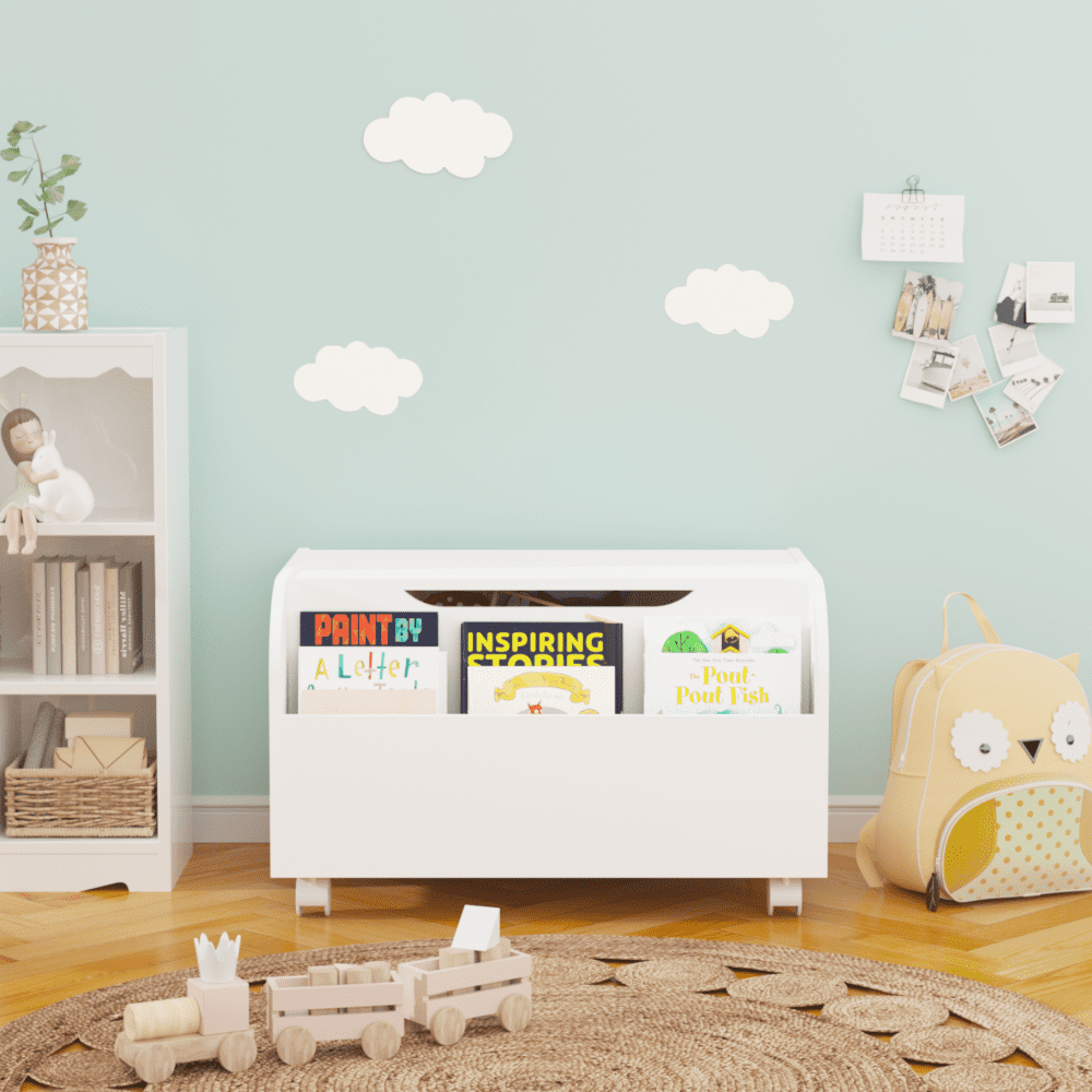 Kids Toy Storage Organizer with Front Bookshelf, Wooden Toy Box with 4 Universal Wheels, Flip-Top Lid, Boys Girls Toy Chest Bench for Playroom Kids Room Organization (White)