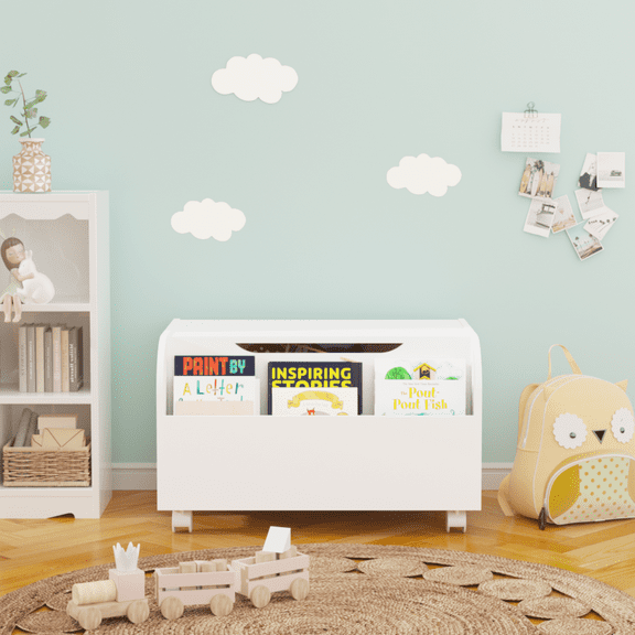 Kids Toy Storage Organizer with Front Bookshelf, Wooden Toy Box with 4 Universal Wheels, Flip-Top Lid, Boys Girls Toy Chest Bench for Playroom Kids Room Organization (White)