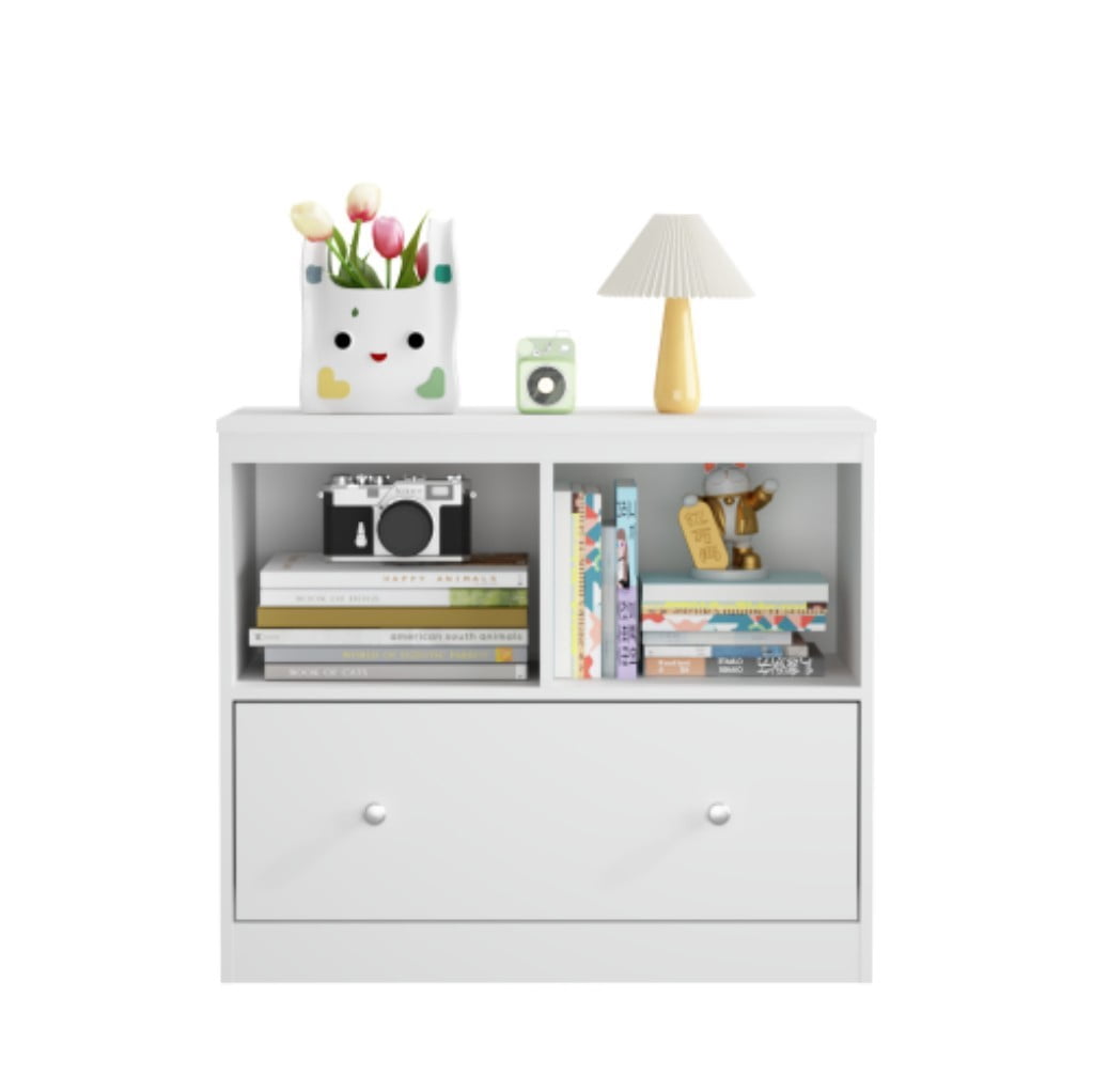 Kids Toy Storage Organizer with Large Drawer, 2-Tier Low Bookshelf & Open Shelves, Wooden Bookcase Cabinet for Books and Toys, Nursery, Playroom & Bedroom, White