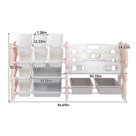 Kids Toy Storage Organizer, Toy Organizer with 2 Tier Bookshelf, Toy Storage with Shelf and 12 Toy Bins, Kids Bookshelf and Toy Storage for Playroom, Bedroom, Kids Room, Classroom (pink color)