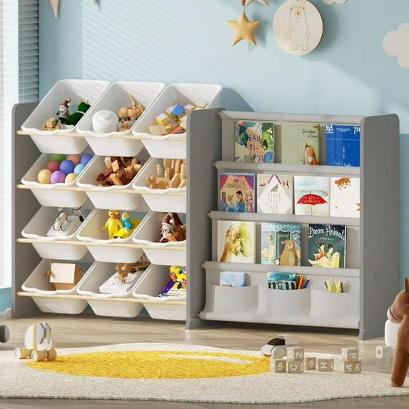 Kids Toy Storage Organizer - Toy Organizer with Kids Bookshelf, Toy Storage with 12 Toy White Bins and 4 Book Shelves, Toy Organizers and Storage for Playroom, Nursery, Kids Room, Grey