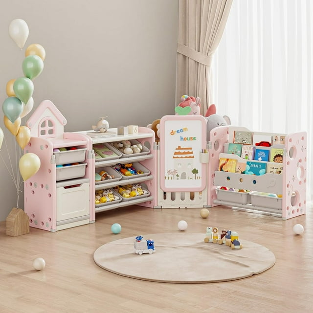 Wanan Foldable 3-Tier Bookshelf for Kids, Toy Storage Organizer with 10 Removable Bins, Drawing Board, 3 Brushes, Light Pink