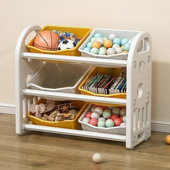 Kids Toy Storage Organizer with 6 HDPE Bins, Multifunctional Toy Storage Cabinet for Living Room, Playroom, Bedroom, Yellow