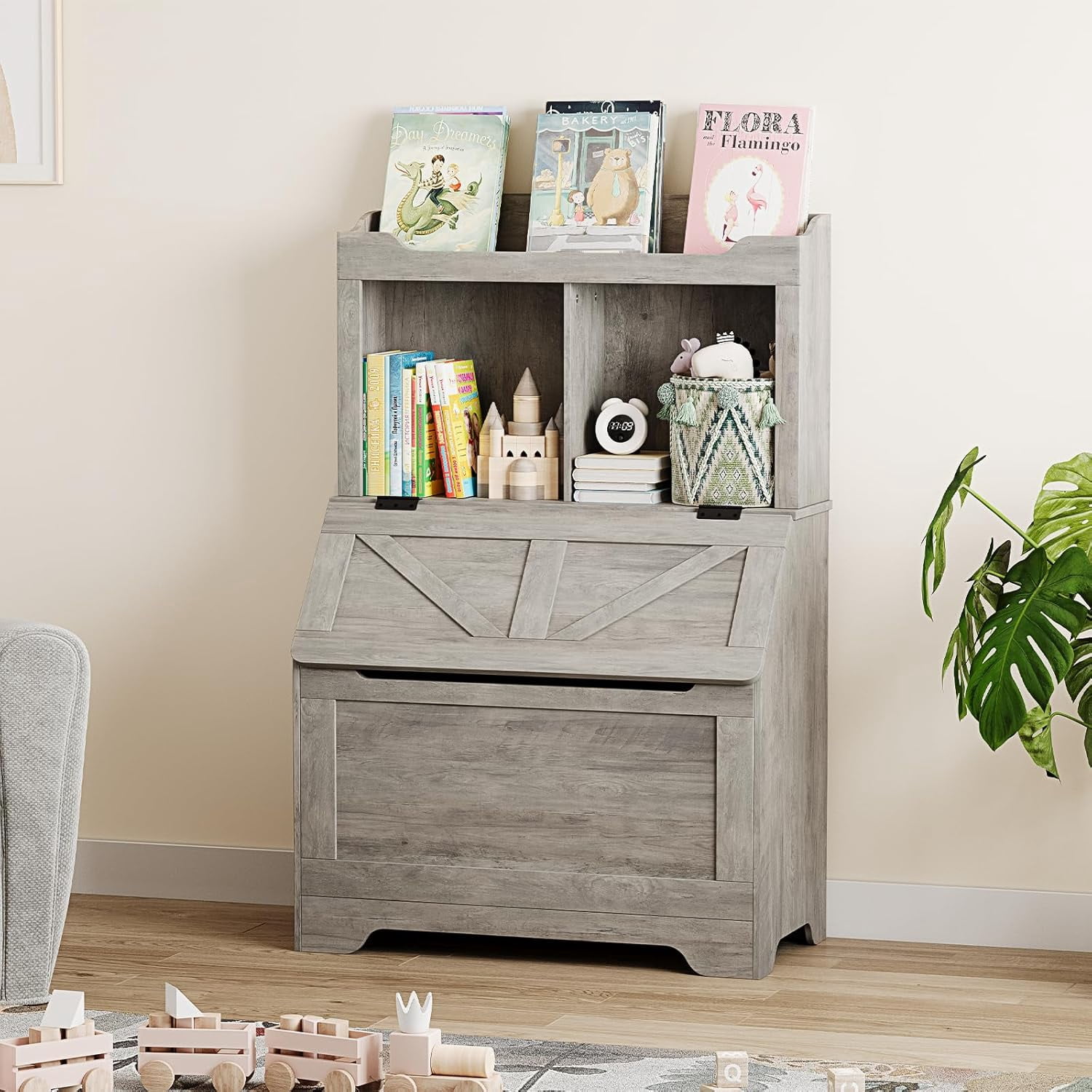 Kids Toy Storage Organizer with Flip-Top Lid & 2-Tier Bookshelf, Wooden Toy Chest and Bookcase for Playroom, Bedroom, Nursery, Grey