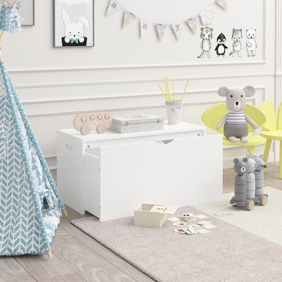 Kids Toy Storage Organizer with Rolling Drawer - Modern Wooden Toy Chest with Wheels