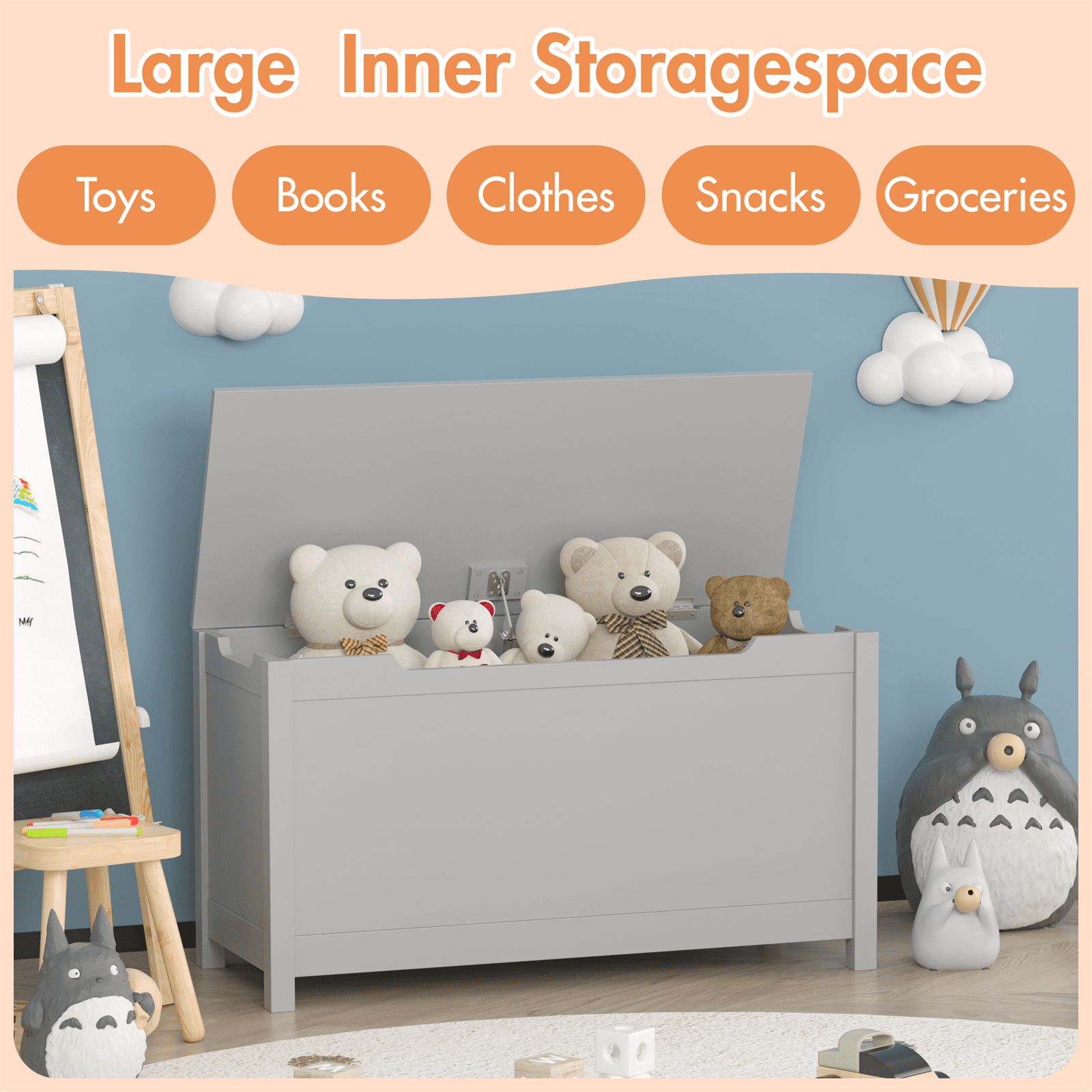 Kids Toy Storage Organizer with Safety Lid, Gray Wooden Toy Box Bench, 2.7 Cu Ft Capacity, Holds 160 Lbs, Easy 15 Min Assembly for Bedroom, Playroom