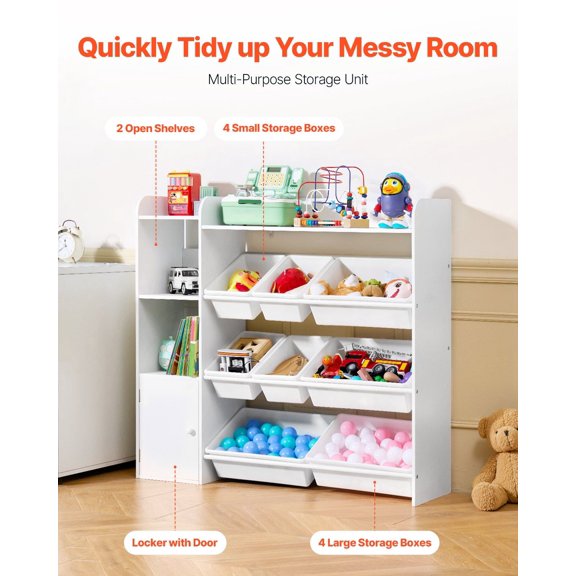 Kids Toy Storage and Bookshelf, 4-Tier Toy Storage Organizer with 8 Flexible Plastic Bins, Kids Cubby Cabinet with Bookshelf for Study Room, Bedroom,