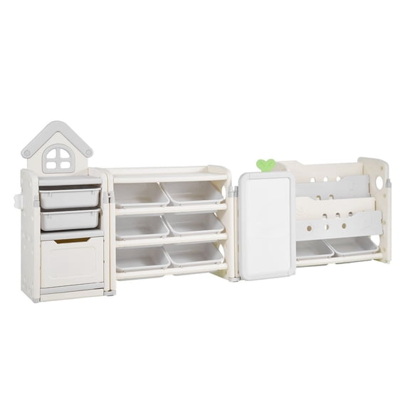 Kids Toy Storage with Bookshelf, 4-Tier Organizer with Bins, Cubby Cabinet & Drawing Board - Study Room, Playroom, Nursery
