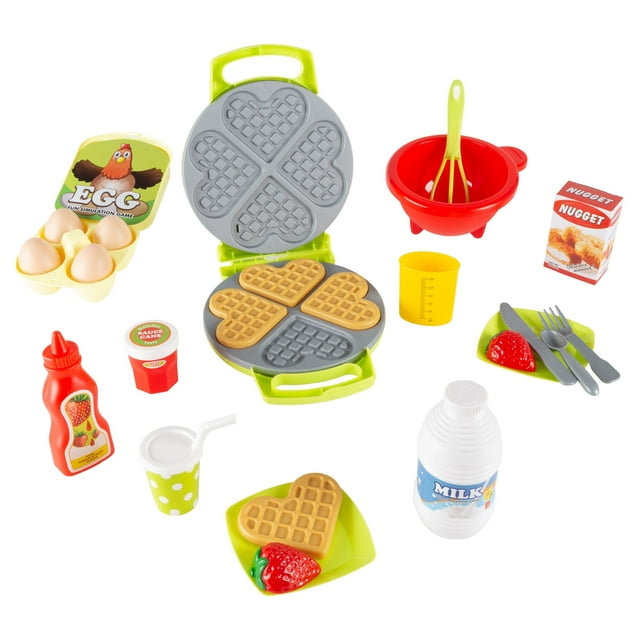 Kids Toy Waffle Iron Set with Music and Lights - Fun Pretend Play Waffle Making Kit by Hey! Play!