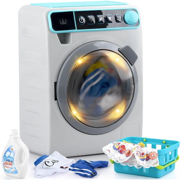 Kids Toy Washing Machine, Realistic Pretend  Appliance for Girls, Interactive Toy Dollhouse Furniture,  Washer and Dryer set with Spinning Drum, Light & Sound Effects, Laundry Basket Set