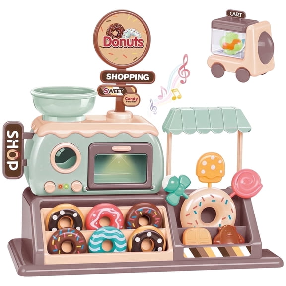 YCFUN Play Food Kitchen Toys for Kids, Donut Shop Pretend Play Set with Cart, Play Food Preschool Toy for Toddlers Boys Girls