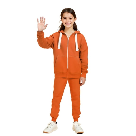 Kids Tracksuit Athletic Sweatsuits Sets 2 Piece Long Sleeve Orange Zip Up Hooded Sweatsuits Leggings Pants Fall Winter Clothes Girls Sets 9-10 Years