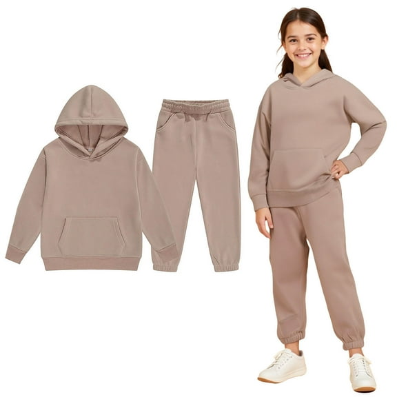Kids Tracksuit Athletic Sweatsuits Sets 2PC Long Sleeve Beige Hoodie Leggings Pants Warm Fall Winter Clothes Teen Girls Trendy Clothes 4-5 Years