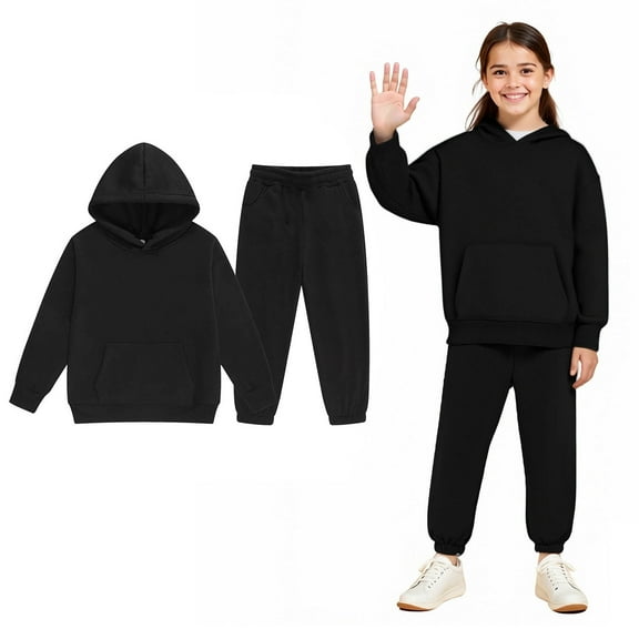 Kids Tracksuit Athletic Sweatsuits Sets 2PC Long Sleeve Black Soft Hoodie and Jogger Sweatpants Fall Clothes Girls Size 6-7 Years Clothes