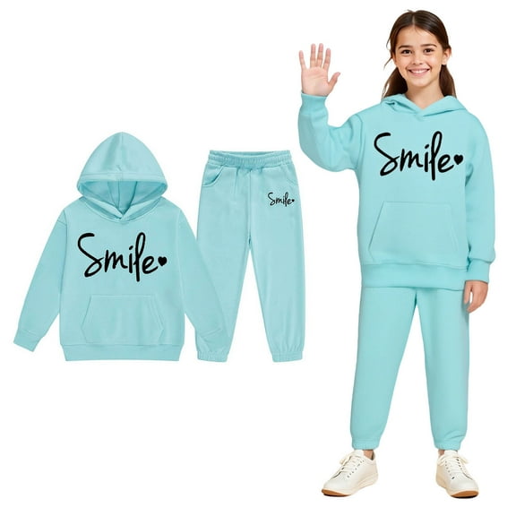 Kids Tracksuit Athletic Sweatsuits Sets 2PC Long Sleeve Blue Pullover Hoodie Sweatshirt and Sweatpants Warm Fall Winter Clothes Clothes for Teen Girls 4-5 Years Trendy