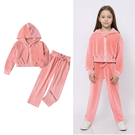 Kids Tracksuit Pink Girls Velour Tracksuit Zipper Cropped Hoodies Sweatpants Sets Girls Suit 5-6 Years