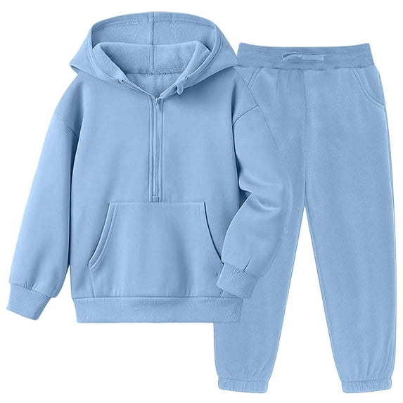 Kids Tracksuit Set 100% Polyester - Unisex Blue 2-Piece Half-Zip Hooded Top & Jogger Pants for 4-12 Years, Machine Washable,Size 9-10T