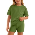 thumbnail image 1 of Kids Tracksuit Set Boys Girls Athletic Outfit Football Kit Sports Shorts Sets Loose Comfy Short Sleeve Tops And Elastic Shorts Sports Set School PE Gym Green 15-16 Years, 1 of 6