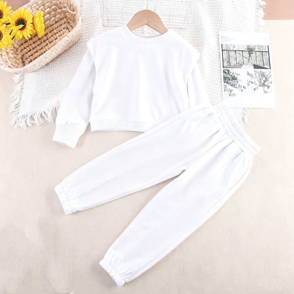 Kids Tracksuit Set, Solid Color Long Sleeve Crew Neck Sweatshirt & Jogger Pants, Casual 2-Piece Outfit White 5-6Years