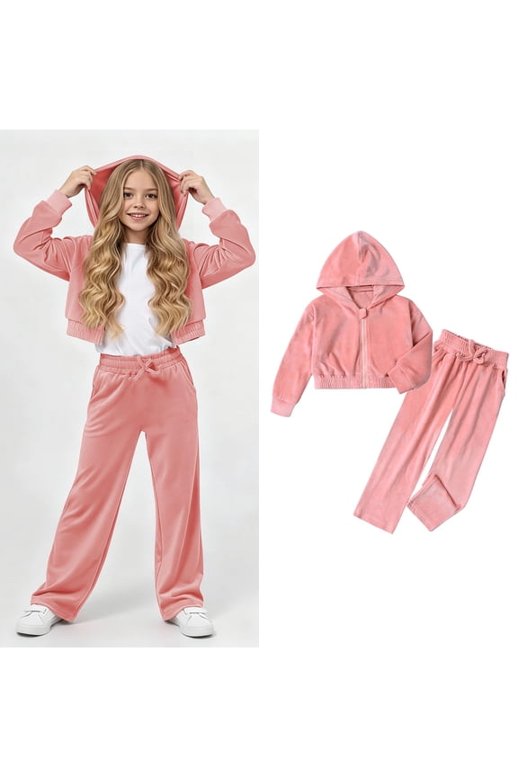 Kids Tracksuit Velour Pink Tracksuit Kids Zipper Cropped Top Sweatpants Set Girls Jogging Suits 5-6 Years