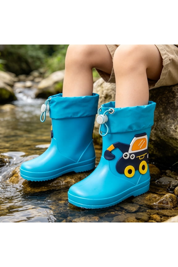 Kids' Tractor Cartoon Print Rain Boots Elastic Drawstring Opening Waterproof Anti Slip Sole for Stream Wading Weekend Camping Trips 18 Months-9 Years Blue 2-3 Years