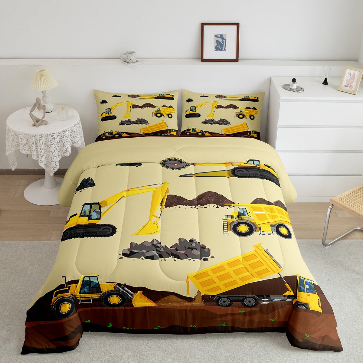 Kids Tractor Construction Truck Comforter Set for Boys Youth Teenagers