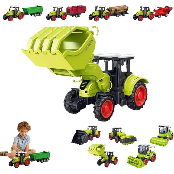 Kids Tractor Toy with Flarebox Wagon Set, 9.5" Engineering Vehicle Model Toy TractorToy, Push-and-Slide Inertia, TractorToys for Kids, Farm Equipment Toys,Toddler Toys Ages 3 and Up(Style-D