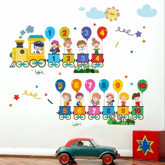 Kids Train Number Wall Decals - Learning Figures Education Wall Stickers - Kids Baby Boys Nursery Daycare Classroom Library Bedroom Playroom Wall Decor