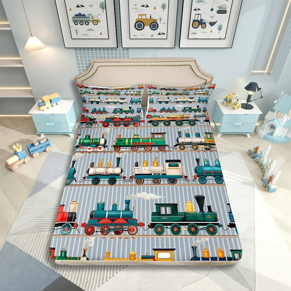 Kids Train Sheet Set King Size For Boys Girls Colorful Steam Engine Train Bedding Sets Cartoon Train Transportation Bed Sheets Set With 2 Pillow Cases,Gray,Green,Blue,Yellow,White