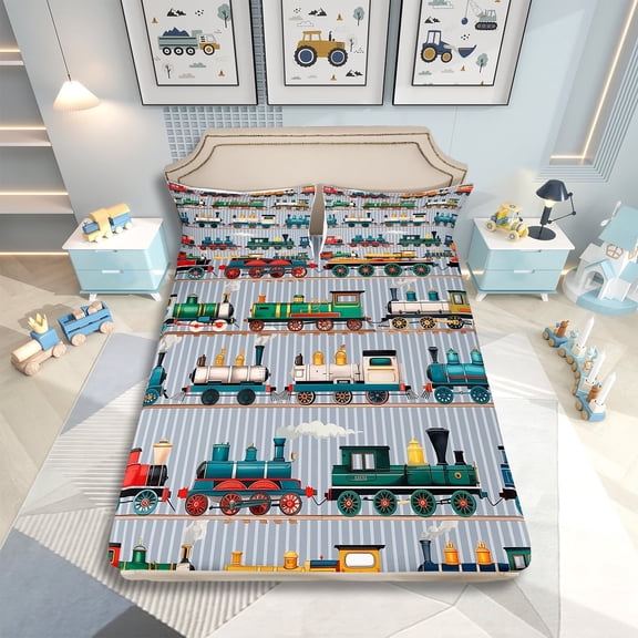 Kids Train Sheet Set Twin Size For Boys Girls Colorful Steam Engine Train Bedding Sets Cartoon Train Transportation Bed Sheets Set With 1 Pillow Case,Gray,Green,Blue,Yellow,White