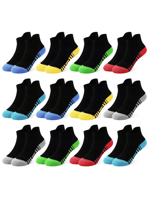 Kids Trainer Socks Boys Sports Ankle Athletic Socks 12 Pairs Black White Design of Splicing Stripes Breathable Socks for 1-14 Years Children