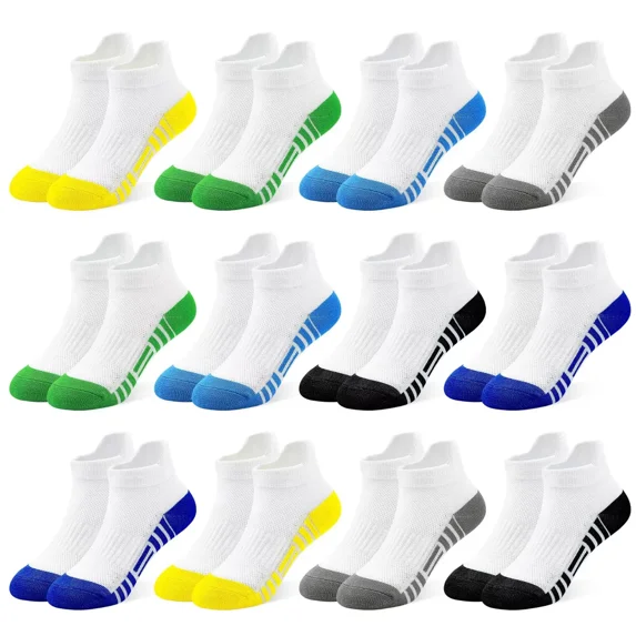 Kids Trainer Socks Boys Sports Ankle Athletic Socks 12 Pairs Black White Design of Splicing Stripes Breathable Socks for 1-14 Years Children