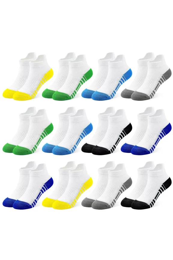 Kids Trainer Socks Boys Sports Ankle Athletic Socks 12 Pairs Black White Design of Splicing Stripes Breathable Socks for 1-14 Years Children